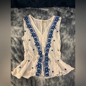 Japna White Sleeveless Top with Blue Floral Embroidery